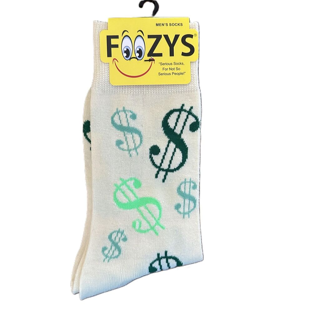 NWT Foozys Green Dollar Sign Cream Pattern Crew Socks Men One Size